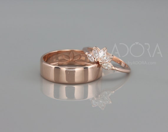 Conjunto de anillo de bodas de oro rosa de 14 quilates hecho a - Etsy España