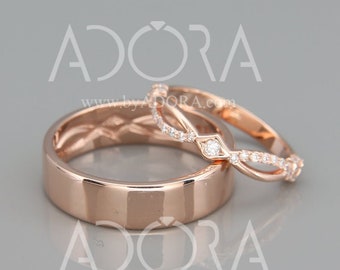 Handmade 14K Rose Gold Wedding Rings Set in Royalty style | 14k Rose Gold His and Hers Wedding Bands set with diamonds