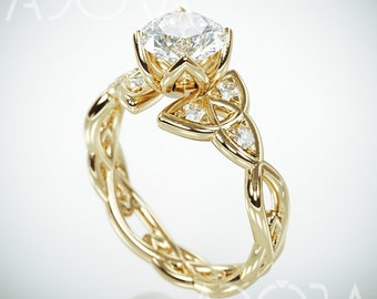 Lab Created Diamond Trinity Knot Engagement Ring | 14k Gold Triquetra engagement ring set with lab grown diamond and natural diamonds