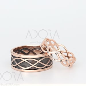 His And Hers Wedding Ring Set - 14K Rose Gold Wedding Band Set With Black Diamonds - Black Rose Gold Ring - Anniversary Wedding Bands