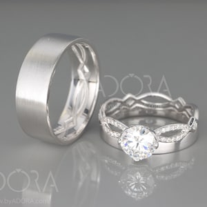 Handmade His and Hers Celtic Wedding Ring Set | 14k White Gold Wedding Band Set with Diamonds | His and Hers Wedding Band Set