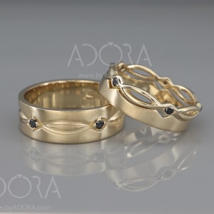 Handgemachte keltische Eheringe für Sie und Ihn | 14k Gold Ehering mit Schwarzen Diamanten | Schwarze Diamanten Ehering