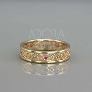 Ruby Filigree Wedding Ring | Solid Gold Filigree Band set with Natural Ruby | Woman Wedding Ring set with Ruby