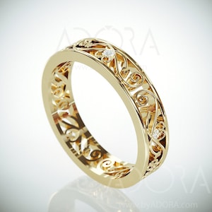 Solid 14K Gold Filigree Wedding Ring Set With Diamonds - Unique Delicate Wedding Ring - Engagement Gold Filigree Ring - Anniversary Ring