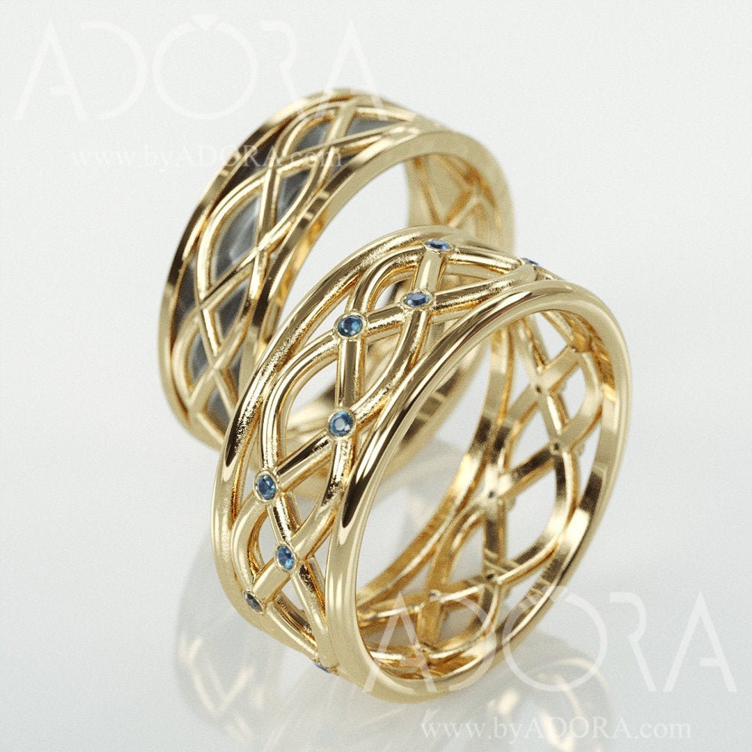 Blue Sapphire Wedding Ring Set | 14k Gold Wedding Band Set With Natural ...