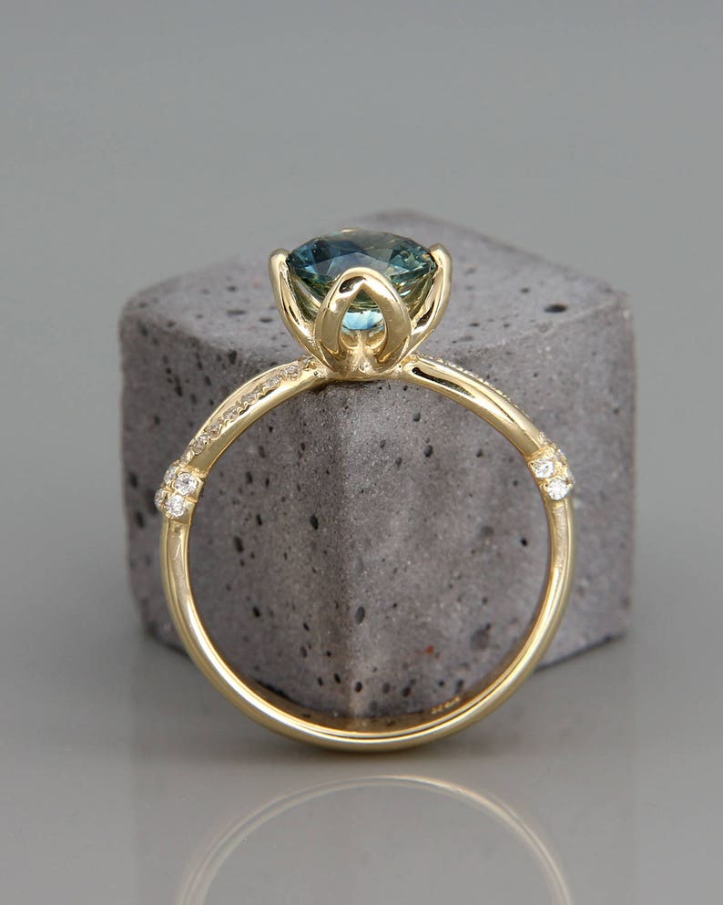 Teal Sapphire Engagement Ring in Royalty Style 14k Gold Etsy
