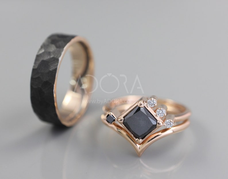 Princess Cut Black Diamond Wedding Rings Set 14k Rose Gold image 1