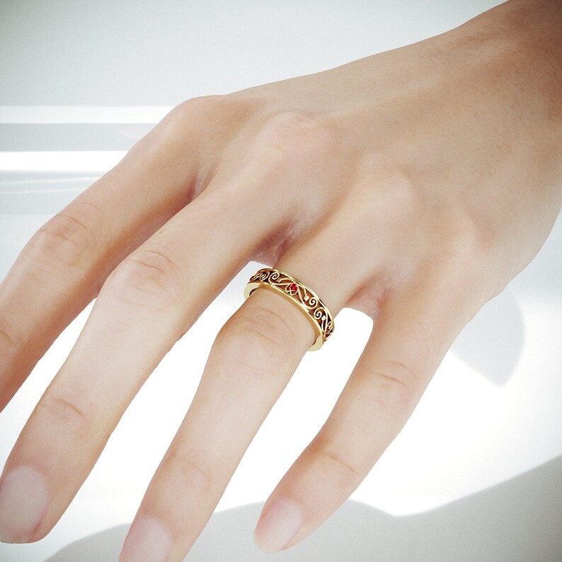Ruby Filigree Wedding Ring | Solid Gold Filigree Band set with Natural Ruby | Woman Wedding Ring set with Ruby