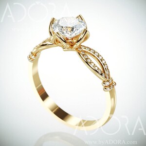 Handmade 14K Gold Moissanite and Diamonds Engagement Ring in Royalty style | Charles & Colvard Forever One Mossanite and Diamonds ring