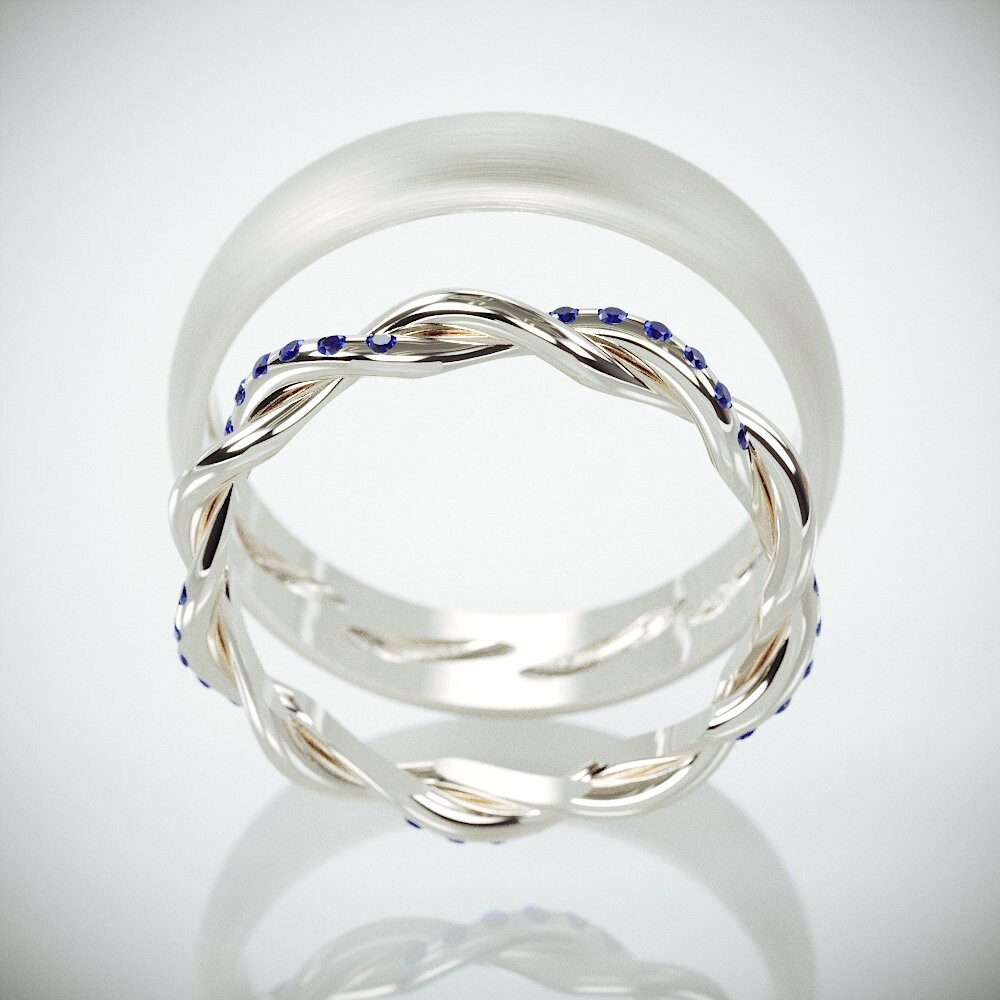 14K White Gold Braided Wedding Rings set with Blue Sapphire | Etsy