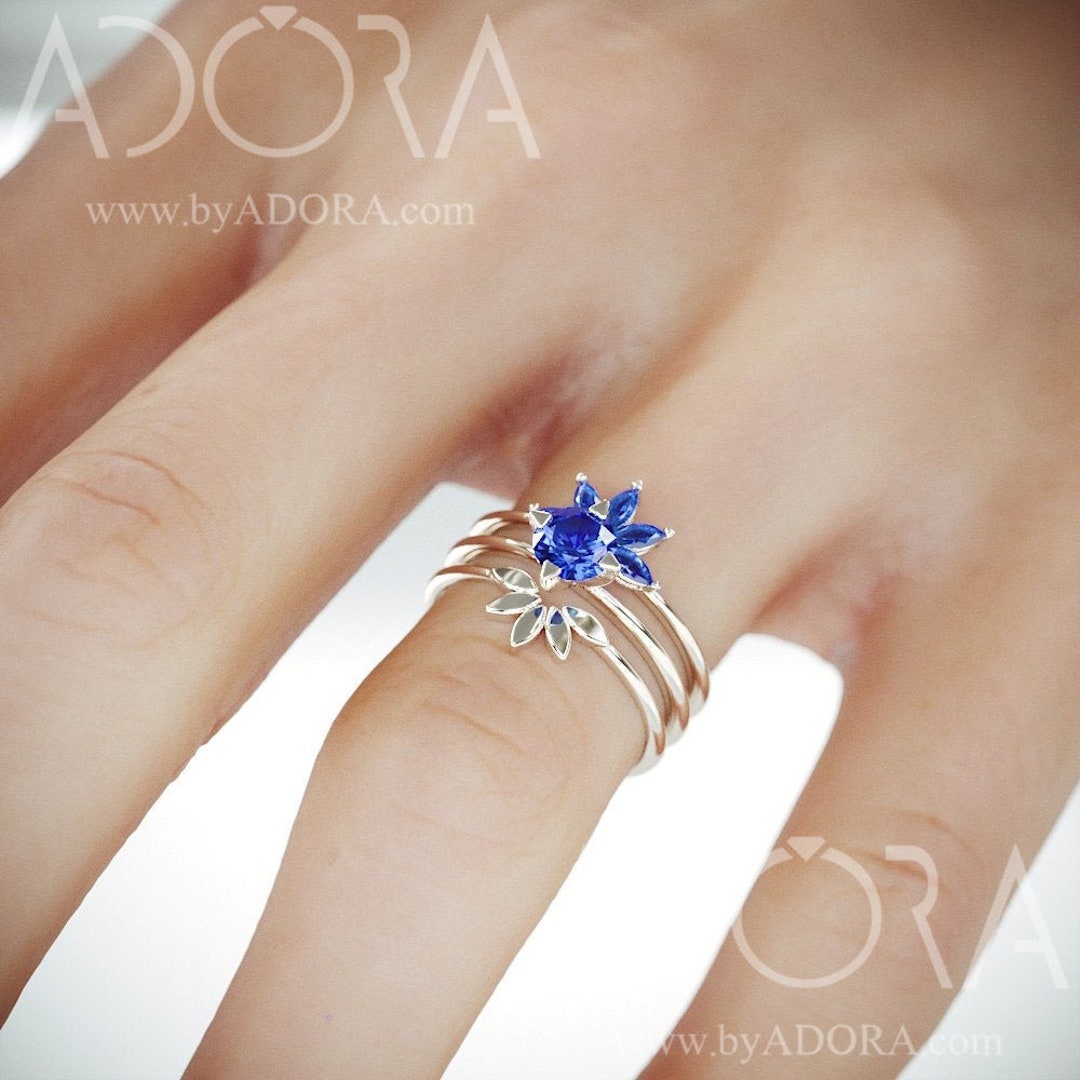 Handmade Blue Sapphire Bridal Set 3 Rings | 14k White Gold Wedding Ring ...