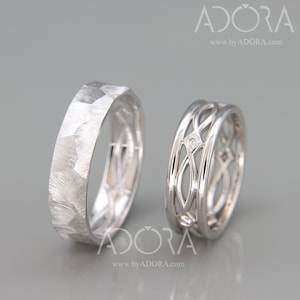 Set di fedi nuziali celtiche bianche in oro 14k fatte a mano / Anello nuziale Eternity per lui e per lei in oro bianco 14k con diamanti / Fedi nuziali celtiche con diamanti