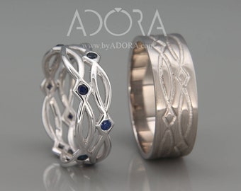 14K White Gold Eternity Wedding Rings set with Sapphire|Handmade 14k white gold eternity wedding Rings |His and Hers Wedding Bands Set