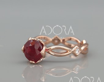 Anillo de compromiso de rubí delicado hecho a mano / Anillo de compromiso de oro rosa con rubí natural y diamantes / Anillo de rubí y diamantes