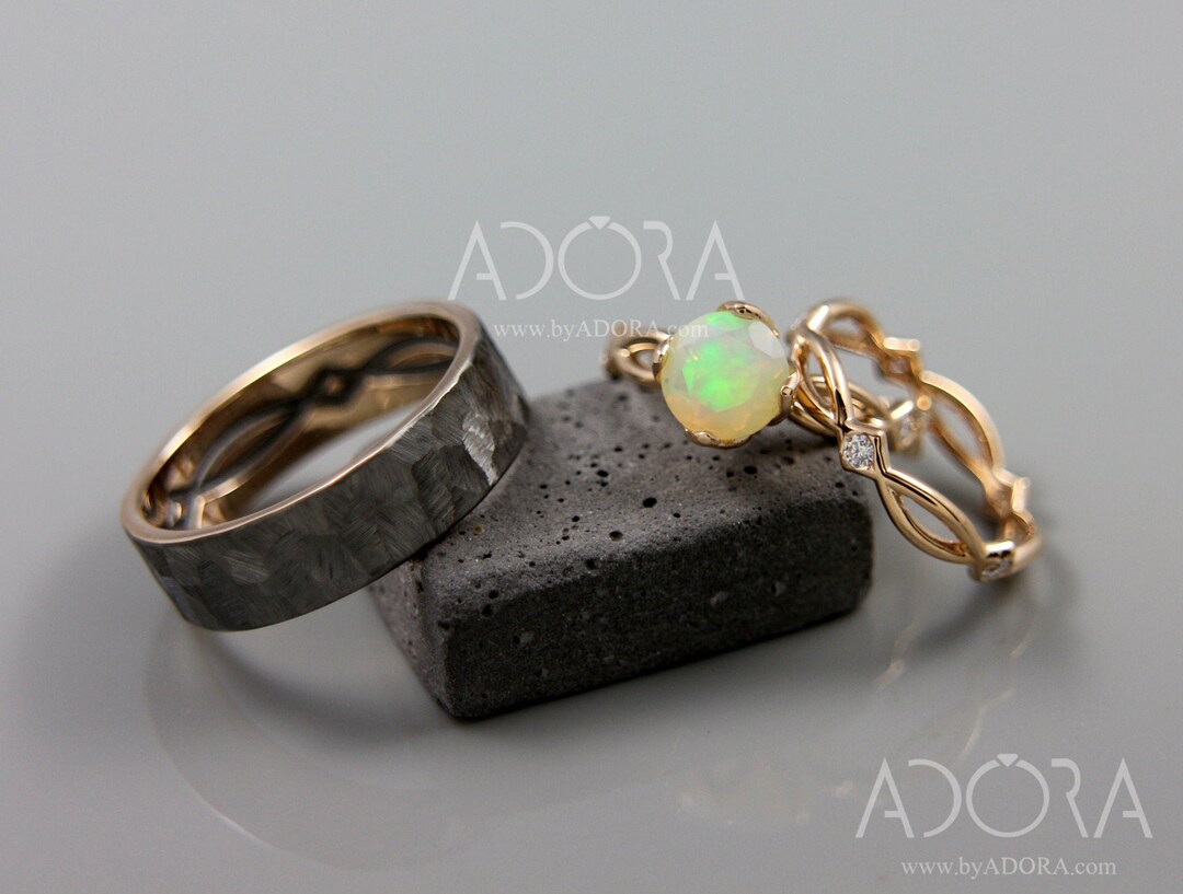 Matching Opsite Rings Opal Engagement Rings Set - His and Hers Wedding Band Set - Matching ...