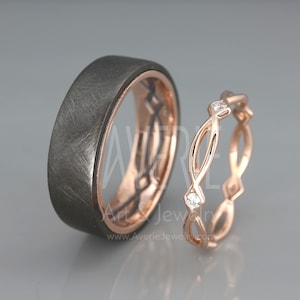 Handmade Black Zirconium & 14k Rose Gold Wedding Bands set with Hers with Diamonds and His with Rustic finish  | Black Wedding rings set