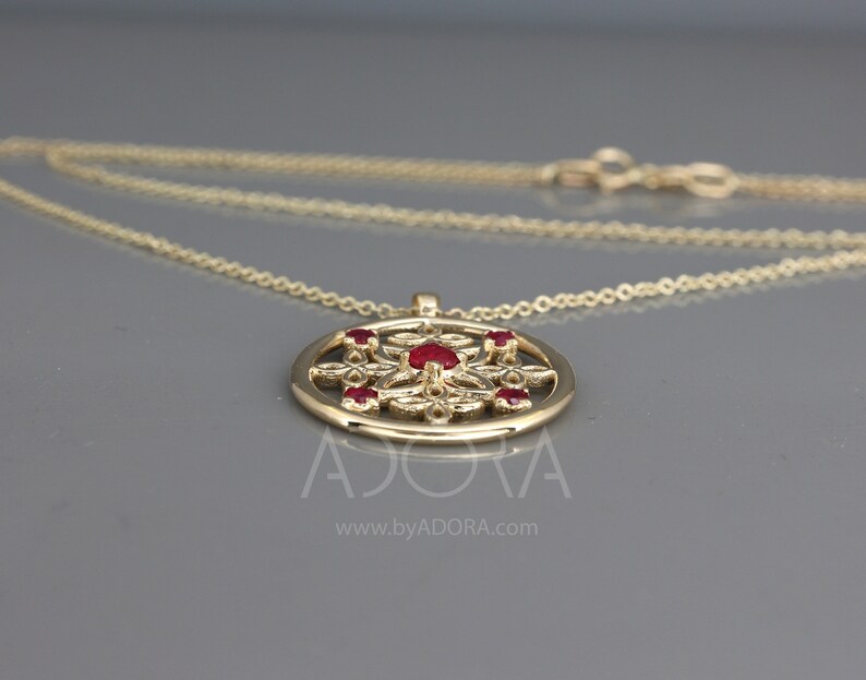 Celtic Necklace Gold - 14K Yellow Gold Natural Ruby Pendant - Unique Gothmas Jewelry - Gothmas Gift For Her - Flower Ruby Celtic Necklace
