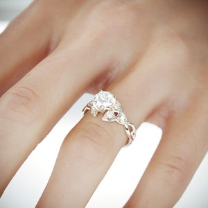 Handmade 14k White Gold Trinity Knot Wedding Ring set with Moissanite and Diamonds | Charles and Colvard Celtic Triquetra Engagement Ring