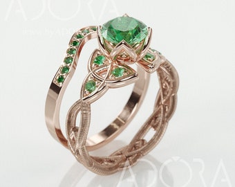 Handmade Trinity Knot Emerald Bridal Rings Set | 14k Rose Gold Engagement and Wedding Triquetra Rings set with natural Emerald