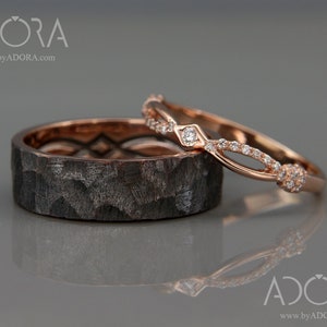 Handmade 14K Rose Gold Wedding Rings Set in Royalty style | 14k Rose Gold His and Hers Wedding Bands set with diamonds