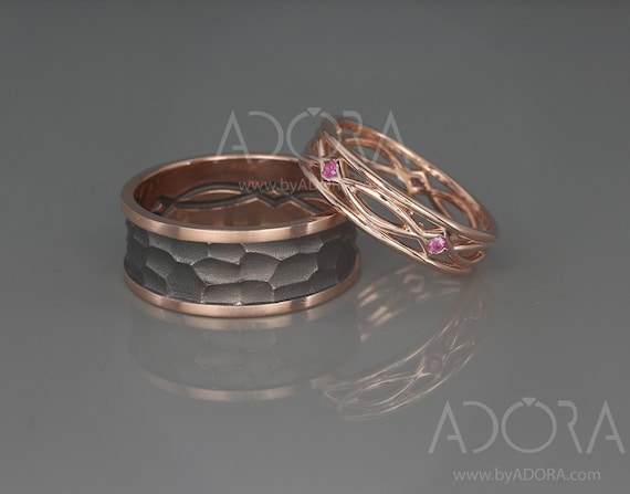 His and Hers Celtic Wedding Bands Set 14k Rose Gold Celtic Wedding Ring Set With Pink Sapphire Black Rhodium Gold Eternity Wedding Rings Etsy Canada