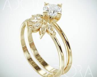 Handmade 14K Gold Marquise Diamond Wedding Ring and Mossanite Engagement Ring | Charles & Colvard Moissanite Ring | Marquise Diamond Ring