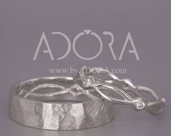 14K White Gold Eternity Wedding Rings set with Diamonds | Handmade 14k white gold celtic wedding Rings| His and Hers Wedding Bands Set