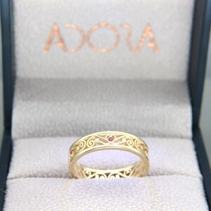 Ruby Filigree Wedding Ring | Solid Gold Filigree Band set with Natural Ruby | Woman Wedding Ring set with Ruby