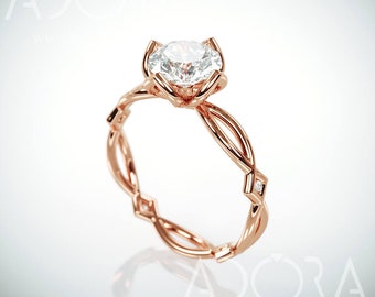 Delicate Moissanite Engagement Ring | Rose Gold Celtic Engagement Ring set with 1ct Charles & Colvard Forever One Moissanite and Diamonds