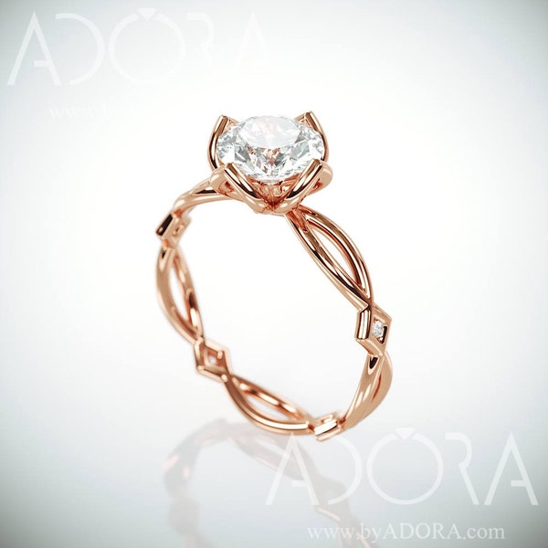 Delicate Moissanite Engagement Ring | Rose Gold Celtic Engagement Ring set with 1ct Charles & Colvard Forever One Moissanite and Diamonds
