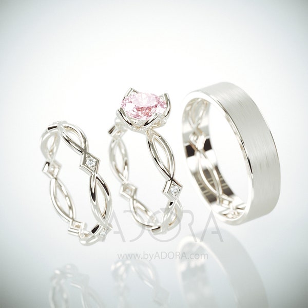 Lab Created Pink Diamond Wedding Ring | 14k white gold His and Hers Celtic wedding ring set with Lab Grown Pink Diamond and natural diamonds