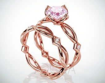 Lab Created Pink Diamond Bridal Ring | 14k rose gold Celtic bridal ring set with Lab Grown Pink Diamond and natural tiny diamonds