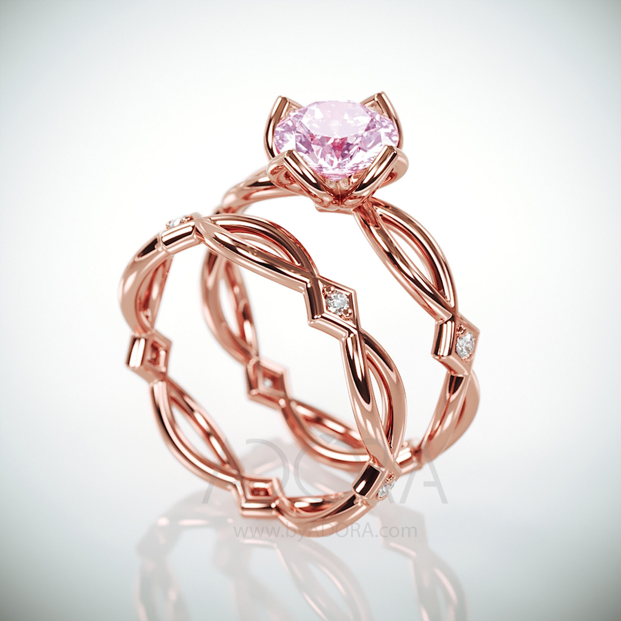 Lab Created Pink Diamond Bridal Ring | 14k rose gold Celtic bridal ring set with Lab Grown Pink Diamond and natural tiny diamonds
