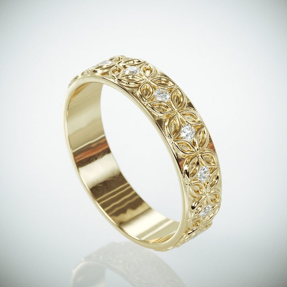 14K Gold Celtic Flower Woman Wedding Ring Set with Diamonds | Etsy