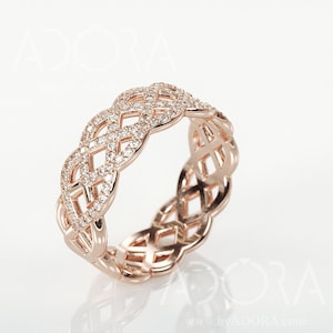 14k Rose Gold Celtic Ring set with 1.20ct Diamonds | Handmade 14k rose gold Celtic women wedding band set with 120 tiny natural Diamonds