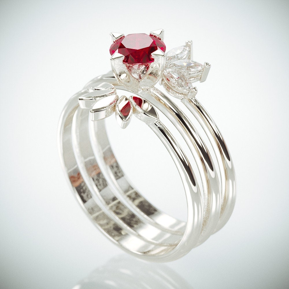 Ruby Bridal Set 3 Rings 14k White gold wedding ring set with | Etsy
