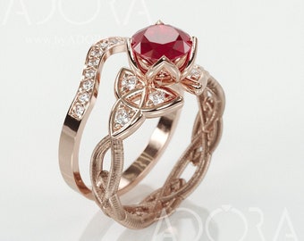 Handmade Trinity Knot Ruby Bridal Rings Set | 14k rose gold engagement and wedding Triquetra rings set with natural Ruby and Diamonds