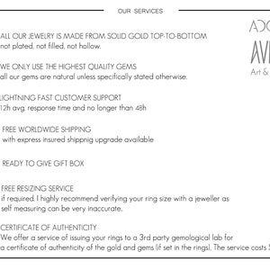May include: A graphic with a list of services offered by Adora Averie Art & Jewelry. The services include: all jewelry is made from solid gold, only the highest quality gems are used, lightning fast customer support, free worldwide shipping, ready to give gift box, free resizing service, and a certificate of authenticity.