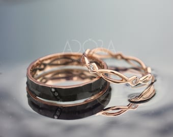 His and Hers Celtic Wedding Band Set | Rose Gold Celtic Wedding Ring Set with Diamonds | Eternity Black Wedding Ring Set with Diamonds