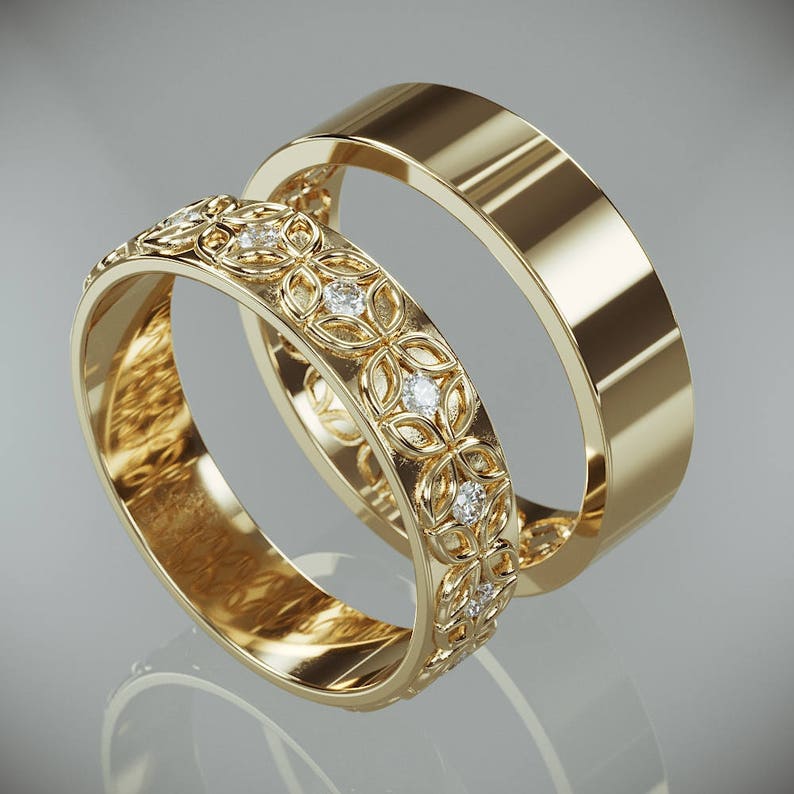 14K White Gold Celtic  Flower Wedding  Rings  Set  with 