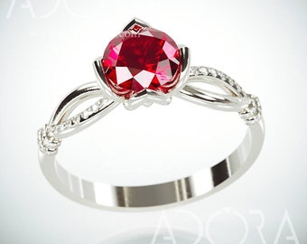 Handmade 14K White Gold Ruby Engagement Ring in Royalty style  | Natural Ruby and Diamonds engagement ring made of 14k white gold