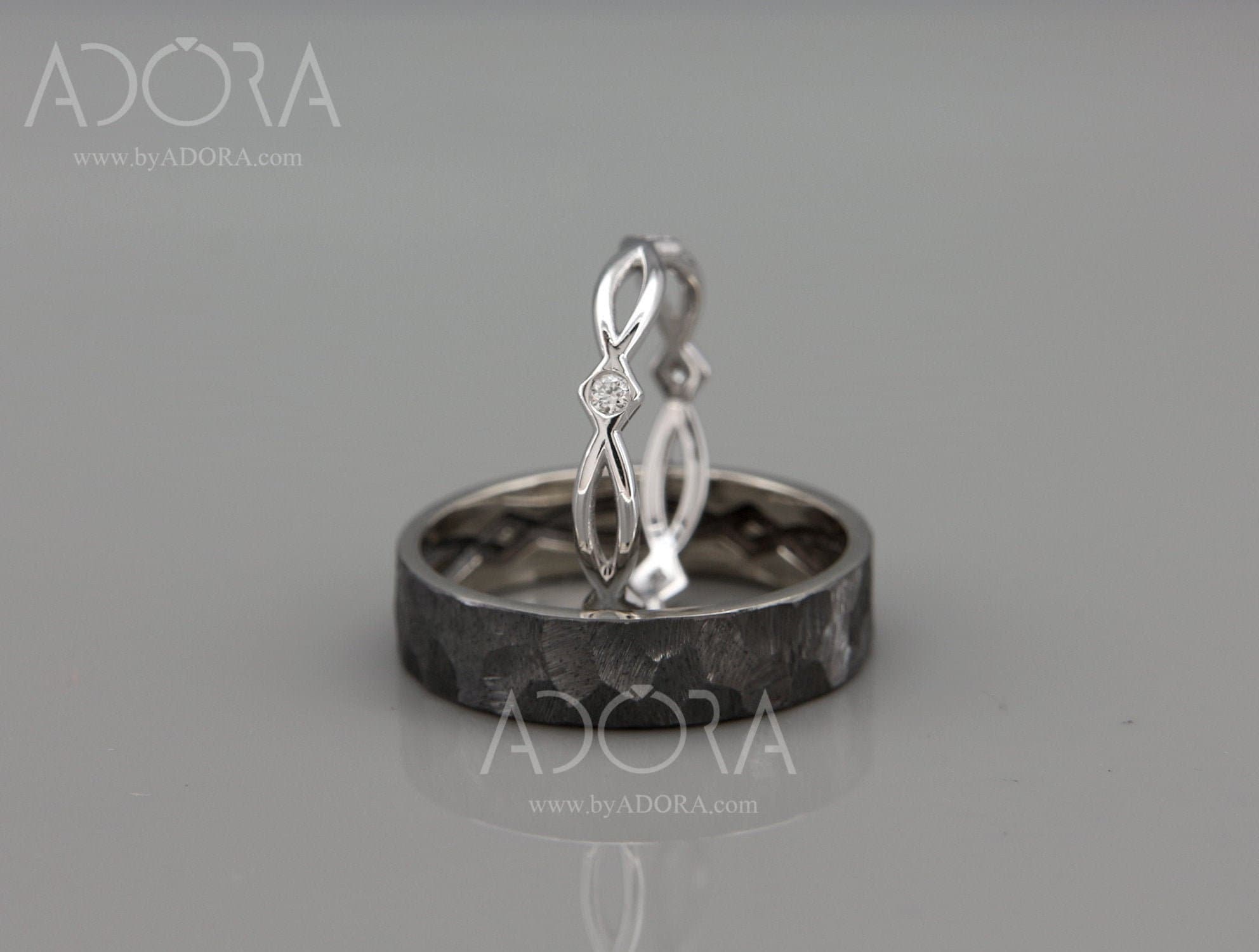 Celtic Wedding Ring Set byADORA - Wedding Bands His and Hers In Solid 14k White Gold - Infinity Couple Rings With Diamonds - Black Rhodium