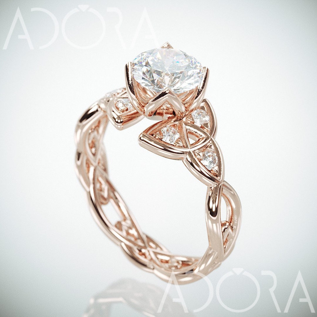 Lab Created Diamond Trinity Knot Engagement Ring 14k Rose Gold Triquetra Engagement Ring Set