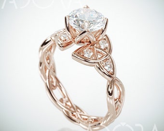 Lab Created Diamond Trinity Knot Engagement Ring | 14k Rose Gold Triquetra engagement ring set with lab grown diamond and natural diamonds