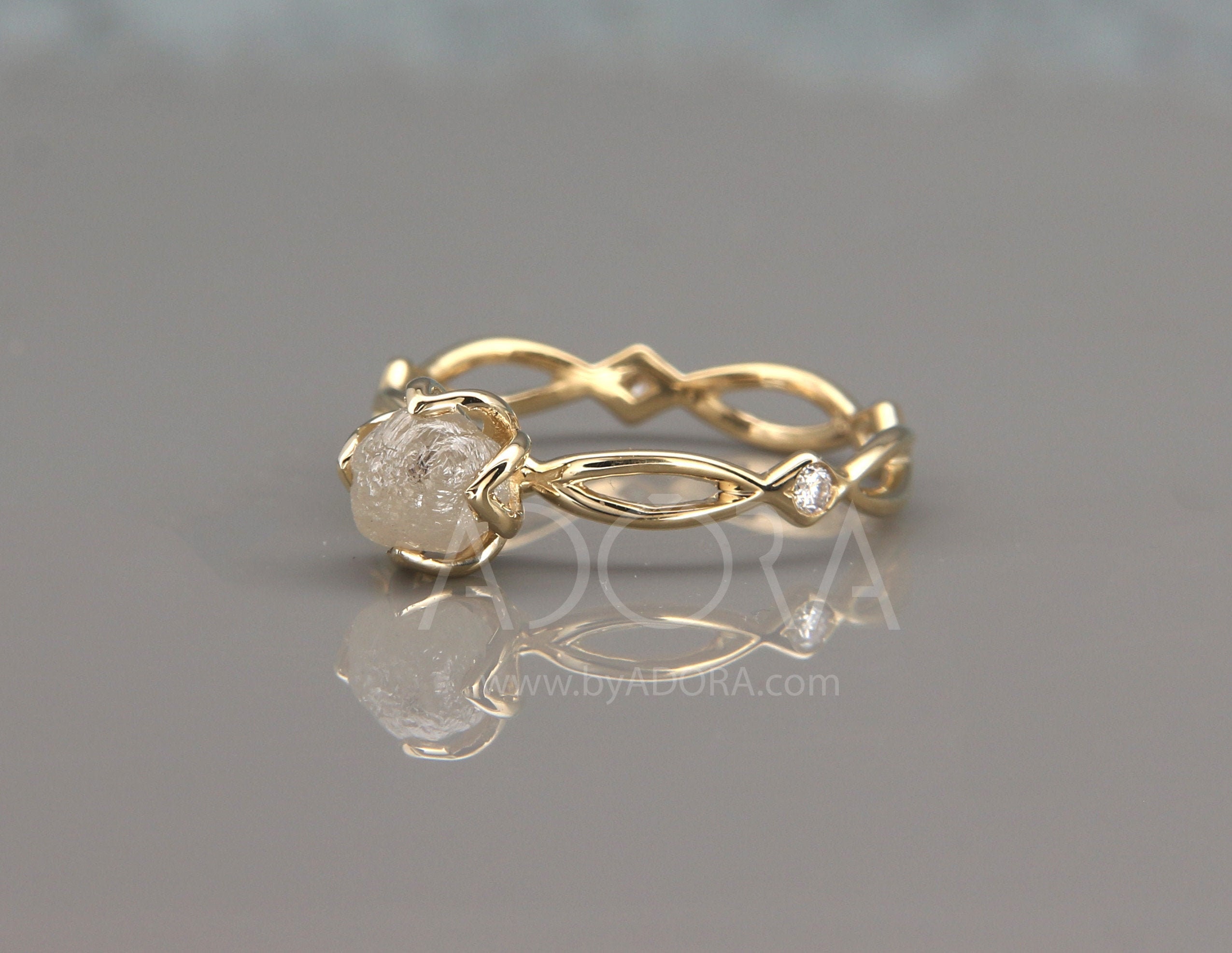Handmade Raw Uncut Diamond Celtic Engagement Ring | 14k gold engagement ring set with rough diamond and tiny natural diamonds