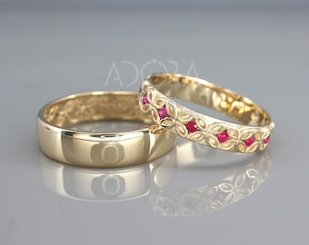Anillo de boda con rubíes naturales - Alianzas para él y para ella en estilo celta - Anillos de compromiso de oro de 14 quilates para parejas de ADORA