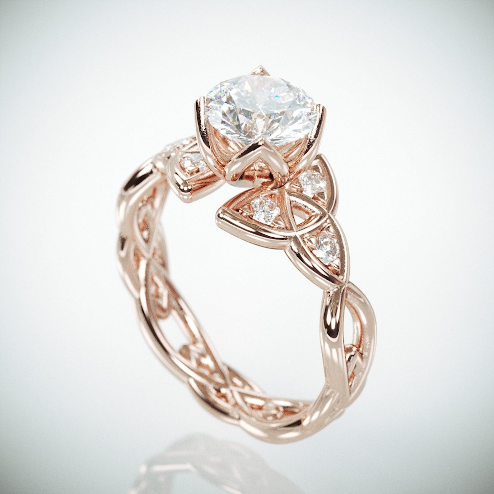 14k Rose Gold Trinity Knot Wedding Ring Set With Emeralds Etsy