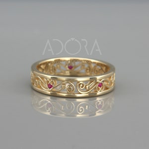 Ruby Filigree Wedding Ring | Solid Gold Filigree Band set with Natural Ruby | Woman Wedding Ring set with Ruby