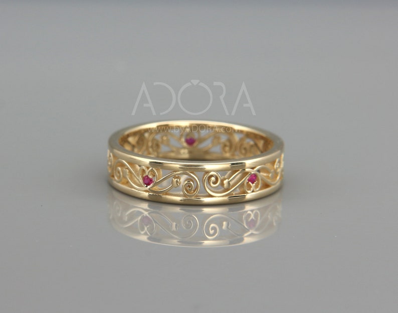 Ruby Filigree Wedding Ring | Solid Gold Filigree Band set with Natural Ruby | Woman Wedding Ring set with Ruby