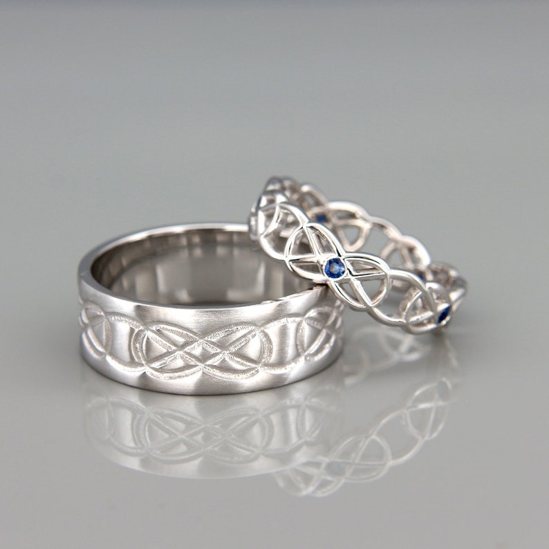 14K White Gold Celtic Wedding Rings set with Blue Sapphire